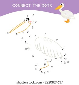 Educational game for kids. Dot to dot game for children. Cartoon illustration of cute pelican.