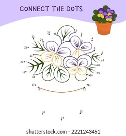 Educational game for kids. Dot to dot game for children. Vector illustration of a cartoon violet in a pot.
