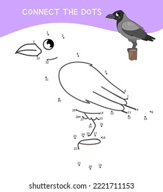 Educational game for kids. Dot to dot game for children. Vector illustration of a cute crow
