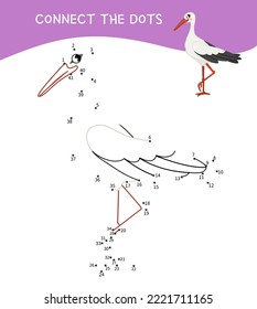 Educational game for kids. Dot to dot game for children. Vector illustration of a cute stork
