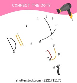 Educational game for kids. Dot to dot game for children. Vector illustration of a hair dryer.