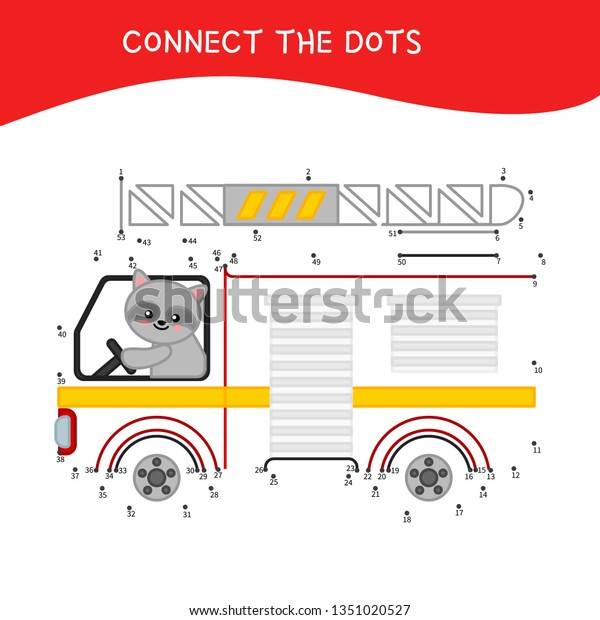 Educational game for kids. Dot to dot\
game for children. Cartoon raccoon in a fire\
truck.\
\
