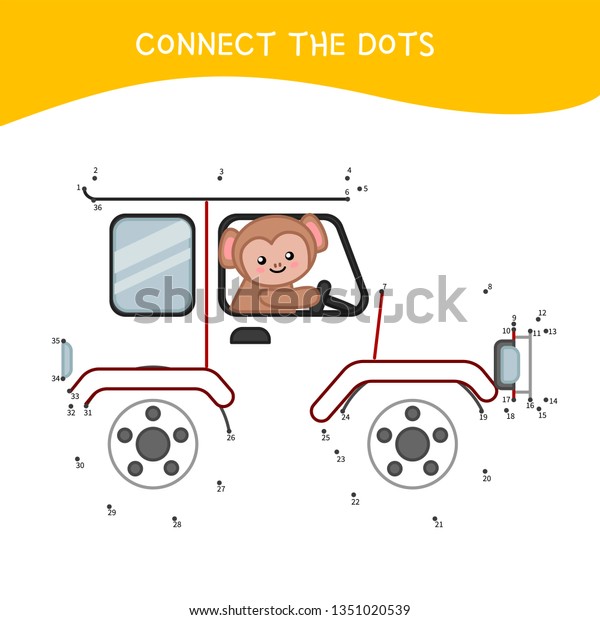 Educational game for kids. Dot to dot game for\
children. Cartoon monkey in the\
car.\
