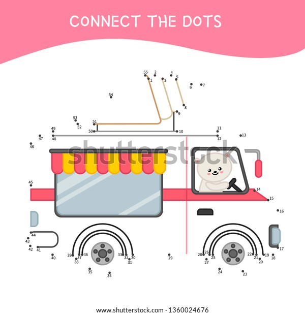 Educational game for\
kids. Dot to dot game for children. Cartoon cute white bear in a\
van with ice\
cream.\
