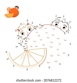 Educational game for kids. Dot to dot game for children.Cute boy and girl hiding behind a big orange.