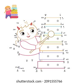 Educational game for kids. Dot to dot game for children.Cute little girl playing the xylophone.