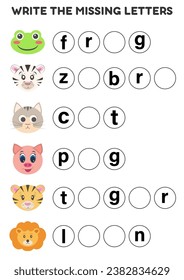 Educational game for kids Fill in the missing letters. Printable worksheets