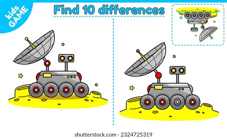 Educational game for kids. Find 10 differences. Cartoon lunar rover on moon in space. Puzzle for children. Worksheet for preschool and school education. Isolated vector illustration on cosmos theme.