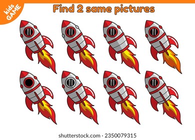 Educational game for kids. Find 2 same space rocket. Fun puzzle for preschool and school education. Colorful page of activity book for children. Cartoon spaceship in cosmos. Isolated vector design.