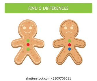 Educational game for kids. Find the 5 differences worksheets for preschool and kindergarten kids. Gingerbread man. Christmas activity