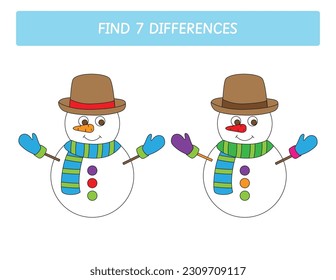 Educational game for kids. Find the 7 differences worksheets for preschool and kindergarten children. Snowman. Winter activity