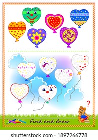 Educational game for kids. Find all the balloons and draw them by example. Printable worksheet for children school textbook. Developing coloring and drawing skills. Baby coloring book. Play online.