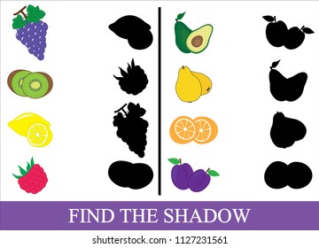 Educational game for kids. Find the correct shadow. Fruits and berries. Vector illustration