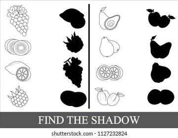 Educational game for kids. Find the correct shadow. Coloring book. Fruits and berries. Vector illustration.