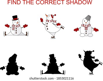 Educational game for kids. Find the correct shadow. A set of three snowmen. Isolated on white.