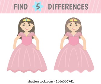 Educational game for kids. Find the differences. Princess in pink dress. Vector illustration.