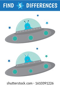Educational game for kids. Find the differences. alien on a flying saucer in space.Vector illustration.