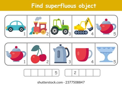 Educational game for kids. Find extra object. What superfluous. What does not fit. Vector colorful illustration. 