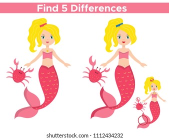 Educational game for kids. Find five differences. Mermaid with crab. Vector illustration