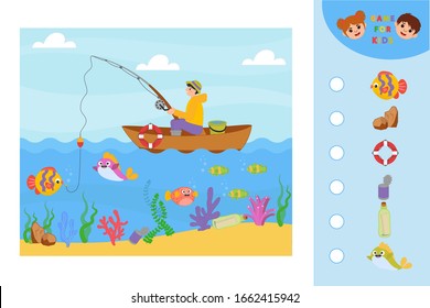Educational game for kids. Find the matching items in the picture. Fishing. Printable worksheet for children. Puzzle. Vector illustration