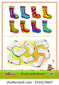 Educational game for kids. Find the pairs for all the boots and draw them by example. Worksheet for children school textbook. Developing coloring and drawing skills. Baby coloring book. Play online.