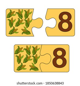 Educational game for kids. Find the right picture for the number. Puzzle with number eight and corn. Puzzle Game, Mosaic. Type numbers.