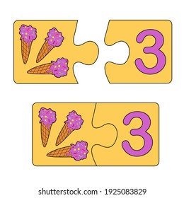 Educational game for kids. Find the right picture for the number. Puzzle with number three and ice creams. Puzzle Game, Mosaic. Type numbers