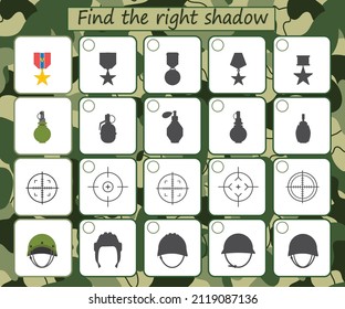 Educational game for kids. Find the right shadow. Military military awards, uniform. Activity for presсhool years kids and toddlers. Vector illustration