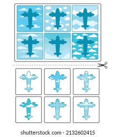 Educational game for kids. Find the right shadow. plane in the sky. Activity for preschool years kids and toddlers. Contour lotto for toddlers