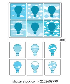 Educational game for kids. Find the right shadow. hot air balloon in the sky. Activity for preschool years kids and toddlers. Contour lotto for toddlers