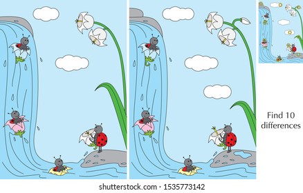 Educational game for kids - finding differences - cartoon illustration of ladybugs playing on waterfall with a solution