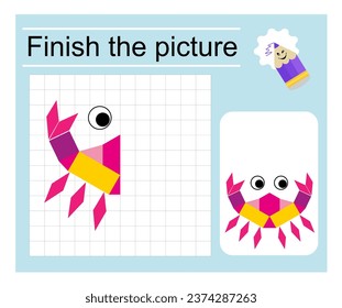 Educational game for kids. Finish the picture - cartoon crab. Coloring page. Vector illustration.