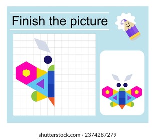 Educational game for kids. Finish the picture - cartoon butterfly. Coloring page. Vector illustration.