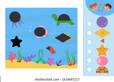 Educational game for kids. Geometric shapes in the underwater world.  Printable worksheet activity for children. Puzzle. Vector illustration