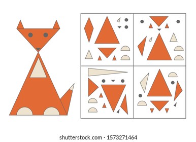 Educational game for kids. Geometrical figure fox. Find the correct block with geometric shapes. Preschool worksheet activity. Vector illustration