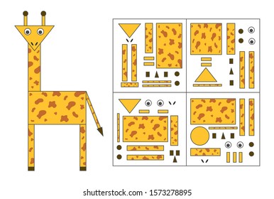 Educational game for kids. Geometrical figure giraffe. Find the correct block with geometric shapes. Preschool worksheet activity. Vector illustration