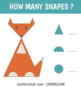 Educational game for kids. Geometrical figure fox. Count how many geometric shapes in the picture. Preschool worksheet activity. Vector illustration