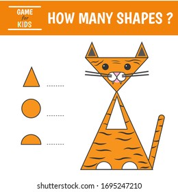 Educational game for kids. Geometrical figure tiger. Count  circles, triangles, semi-circles. Preschool worksheet activity. Vector illustration