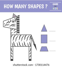 Educational game for kids. Geometrical figure zebra. Count   triangles,trapezoids, rectangles. Preschool worksheet activity. Vector illustration