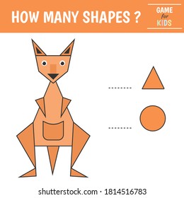 Educational game for kids. Geometrical figure kangaroo. Count  circles, triangles. Preschool worksheet activity. Vector illustration