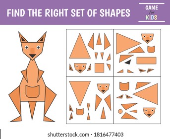 Educational game for kids. Geometrical figure kangaroo. Find the correct block with geometric shapes. Preschool worksheet activity. Vector illustration