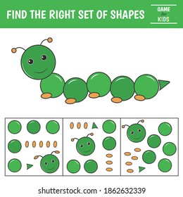 Educational game for kids. Geometrical figure caterpillar. Find the correct block with geometric shapes. Preschool worksheet activity. Vector illustration