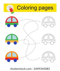Juego educativo para niños. Pasar por el laberinto y colorear un coche de dibujos animados de acuerdo con el patrón. 