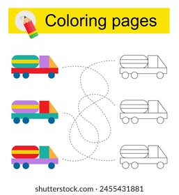 Educational game for kids. Go through the maze and color a cartoon truck according to the pattern. Vector illustration.