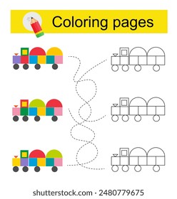 Educational game for kids. Go through the maze and color a cartoon train according to the pattern. Vector illustration.
