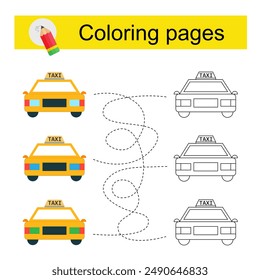 Juego educativo para niños. Recorre el laberinto y colorea un taxi de dibujos animados según el patrón. 