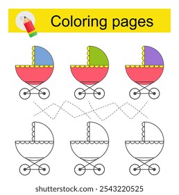 Juego educativo para niños. Ir a través del laberinto y colorear un carro de bebé de dibujos animados de acuerdo con el patrón. 