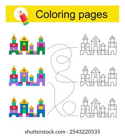 Juego educativo para niños. Ir a través del laberinto y colorear un castillo de dibujos animados de acuerdo con el patrón. 
