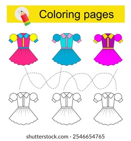 Educational game for kids. Go through the maze and color a cartoon dress according to the pattern. 