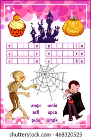 Educational game for kids. Halloween puzzle. Let's find the correct part of words. Cartoon vector illustration.
